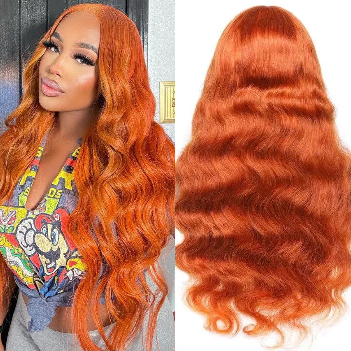 QVR Ginger Orange Body Wave Wigs Brazilian Virgin Hair 4x4 Lace Closure Wigs Pre Plucked with Baby Hair