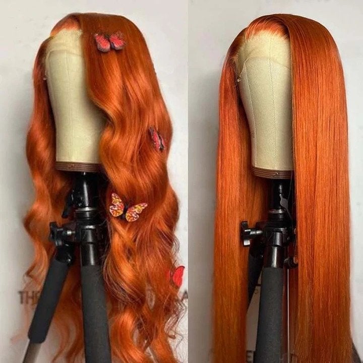 QVR Straight Highlight Wigs Human Hair Orange Color Wigs T Lace Burgundy Wig 180% Density 13x4x1 Lace