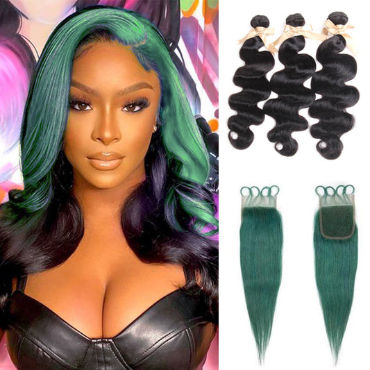 Queen Remy Human Hair 3 Bundles with Closure Virgin Human Hair Weave  Jade Green Closure And Black Hair Bundles Skunk Stripe Human Hair