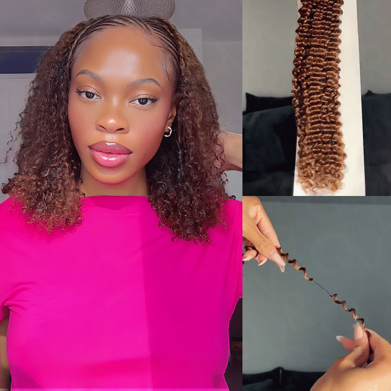 QVR Auburn Brown #30 Crochet Hair Small Kinky Curly Machine Made Feather Human Hair Extension