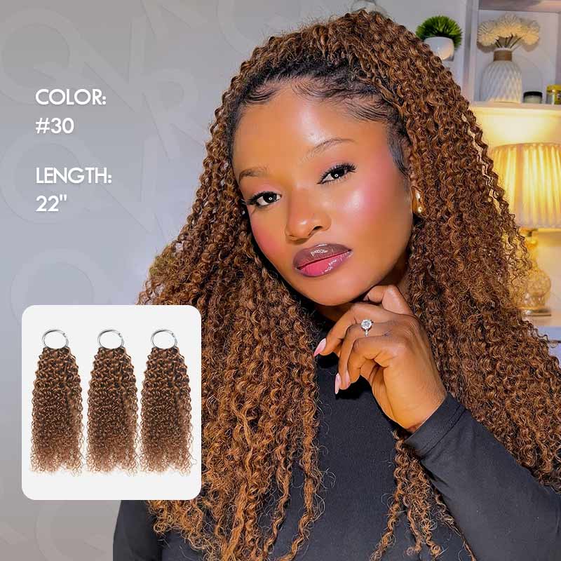 QVR Auburn Brown #30 Crochet Hair Small Kinky Curly Machine Made Feather Human Hair Extension