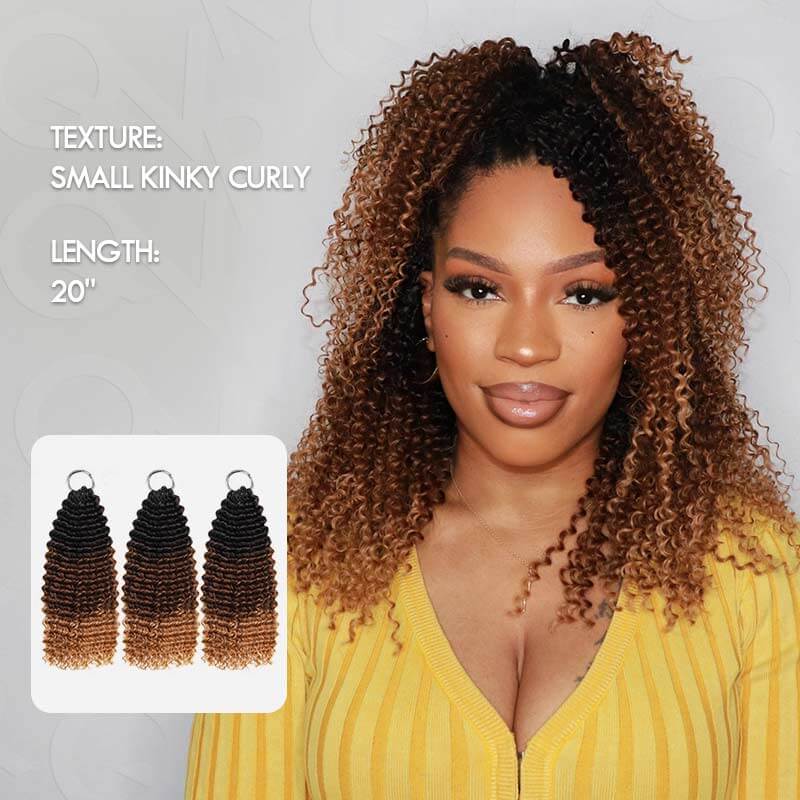 QVR Ombre #T1B/30/613 Small Kinky Curly Machine Made Feather Crochet Human Hair Extensions