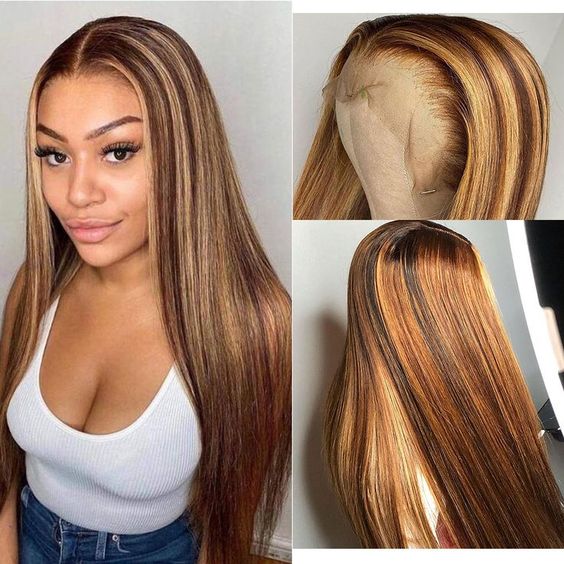 QVR Straight Highlight Wigs Human Hair Orange Color Wigs T Lace Burgundy Wig 180% Density 13x4x1 Lace