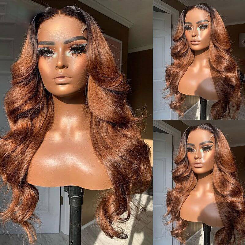 QVR Body Wave Hair 1B/30 Ombre Honey Brown Color Glueless 13x4 Lace Frontal Wig 100% Virgin Human Hair Wigs