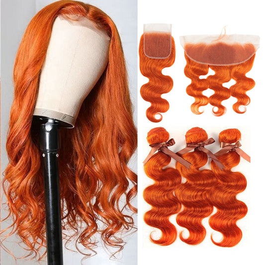QVR Body Wave Hair Bundles With Closure Remy Human Hair 3 Bundles with Frontal Orange Ginger Color