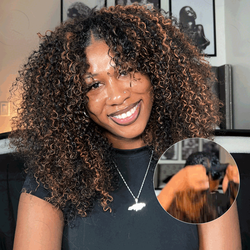 QVR Invisible Lace Edge Kinky Curly V Part Wigs Highlight #1B/30 No Leave Out Human Hair Wig