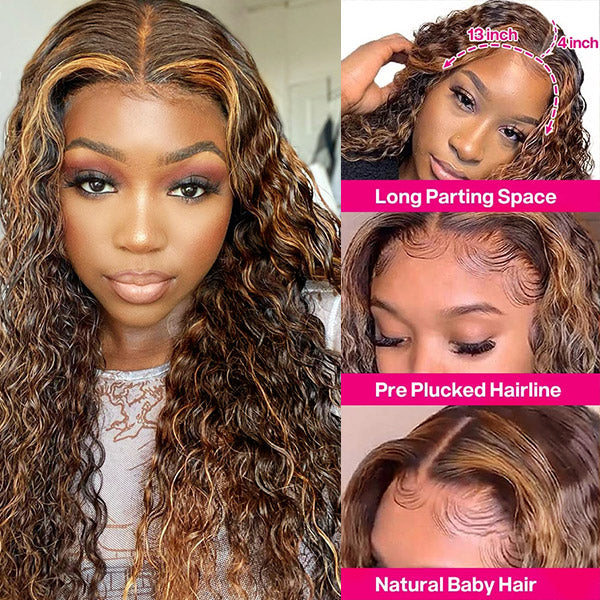 QVR Highlight Wigs Deep Wave 13x4 HD Lace Front Wigs Ombre Honey Blonde Human Hair Wigs