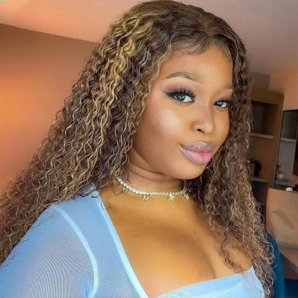 QVR Highlight Curly Wig Human Hair Wigs 13x4 Transparent Lace Front Wig Honey Blonde Color