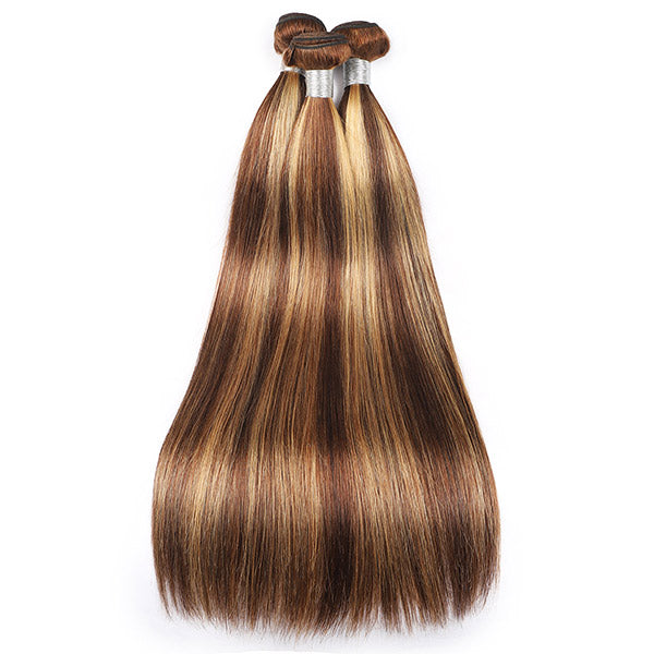 Honey Blonde Highlight Straight Hair 3 Bundles with 4x4 Lace Closure