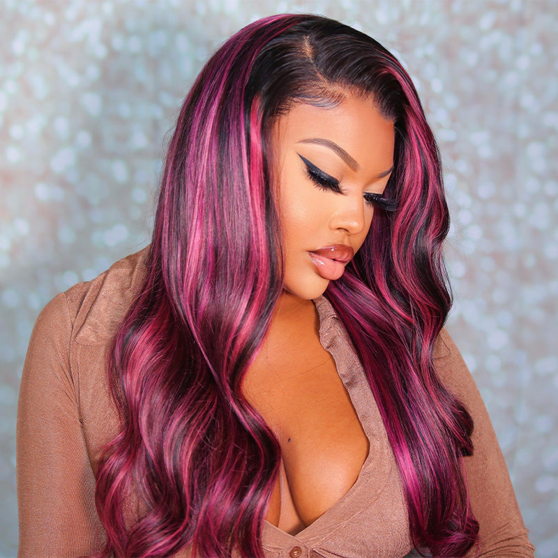 Lace Front Wig Black Hair With Purple Highlights Straight/Body Wave Human Hair Wigs