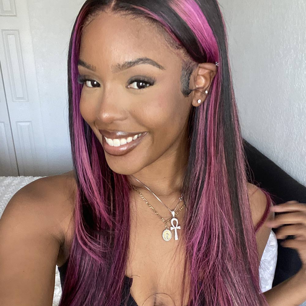 Lace Front Wig Black Hair With Purple Highlights Straight/Body Wave Human Hair Wigs