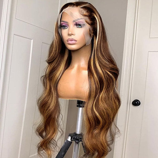Honey Blonde Highlight Lace Front Wigs Body Wave Human Hair Wig 13x4 HD Lace Frontal Wigs