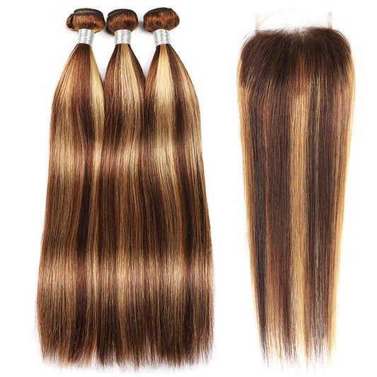 Honey Blonde Highlight Straight Hair 3 Bundles with 4x4 Lace Closure