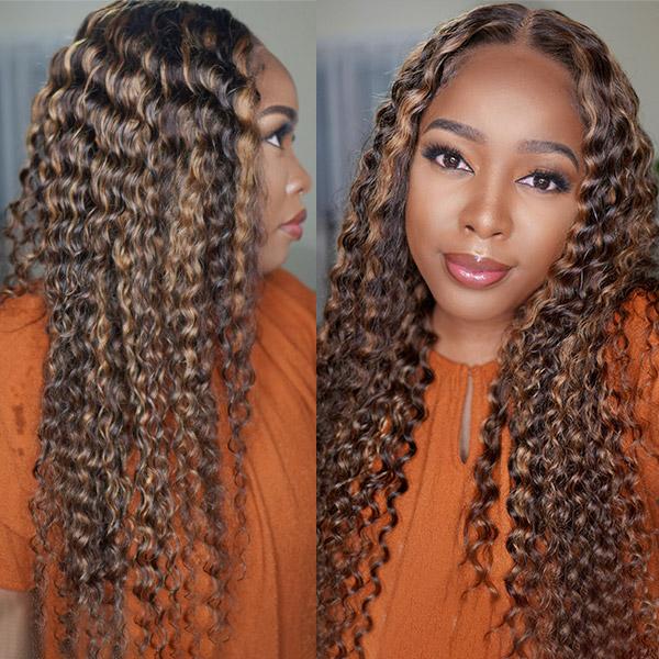 QVR Deep Wave Closure Wigs Human Hair Wigs 180% Density 4x4 Lace Closure Highlight Wigs Honey Blonde