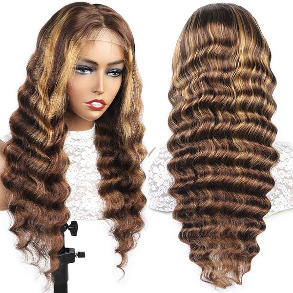 Highlight Wigs Loose Deep 4*4 Lace Closure Wigs Human Hair Wigs with Highlights HD Transparent Lace Wig