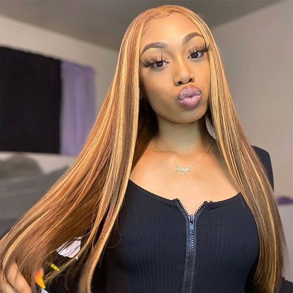Highlight 4x4 HD Lace Wigs Straight Human Hair Balayage Wigs 5x5 Transparent Lace Closure Wigs 180% Density