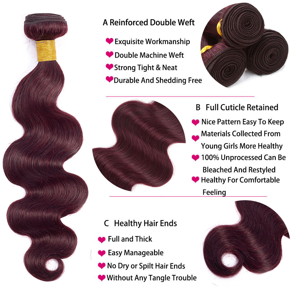 QVR Body Wave Bundles With Closure Remy Brazilian Human Hair Burgundy 99J Dyed 3 Bundles With 4x4 Closure
