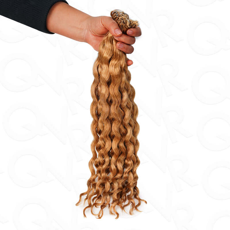 QVR Honey Blonde #27 Crochet Hair Water Wave Machine Made Feather Human Hair Extension