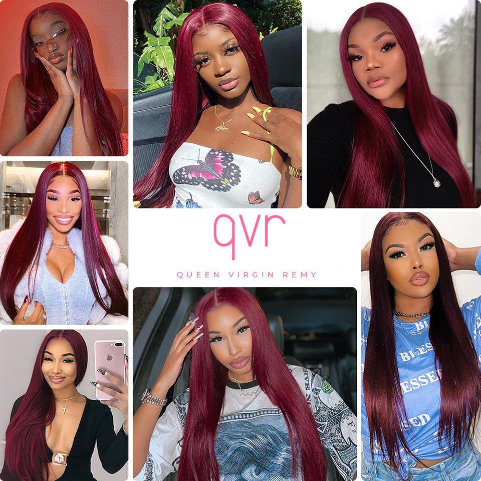 QVR Remy Human Hair Bundles With Closure  Straight Hair Burgundy Remy Peruvian Dyed 3 Bundles With Frontal 4x4 Brazilian Human Hair 99J