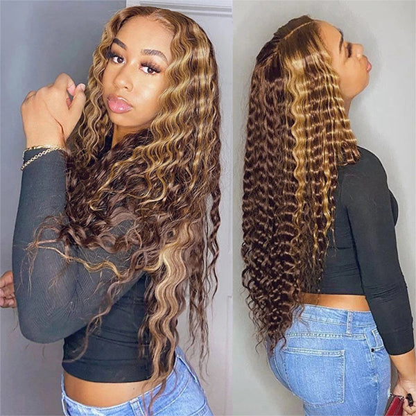 QVR Highlight Wigs Deep Wave 13x4 HD Lace Front Wigs Ombre Honey Blonde Human Hair Wigs