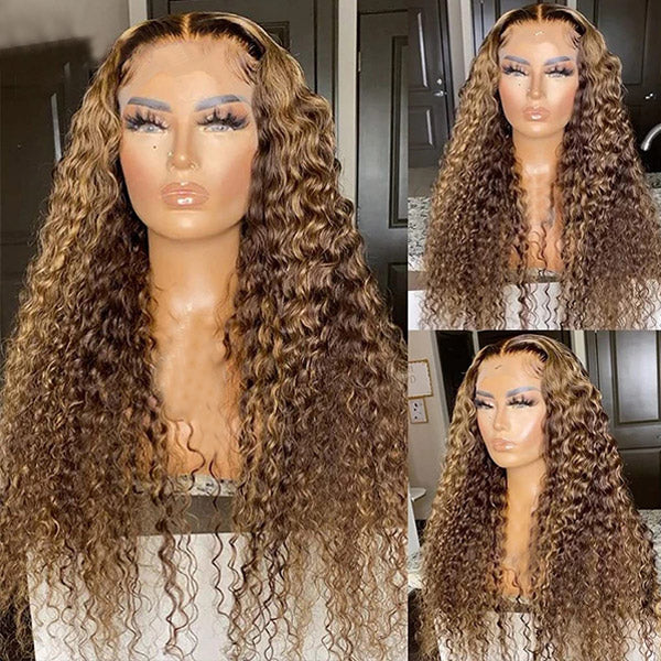 QVR Highlight Wigs Deep Wave 13x4 HD Lace Front Wigs Ombre Honey Blonde Human Hair Wigs