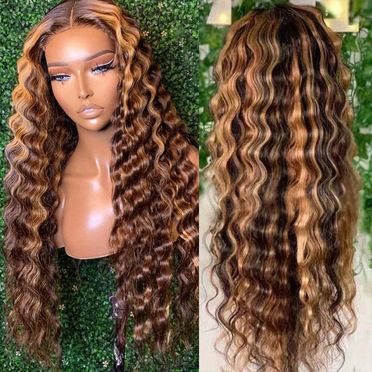 QVR Loose Deep Wigs Virgin Human Hair Brown Blonde Wig 13x4 Lace Front Wigs Highlights 30 Inch