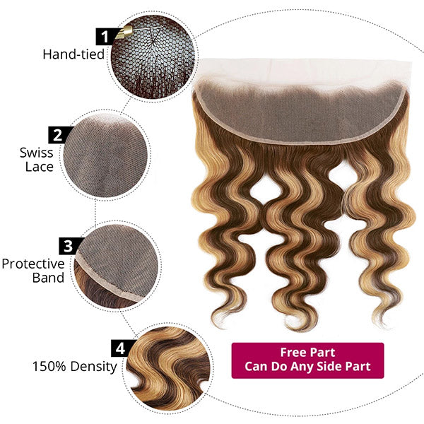 Highlight Body Wave Hair 3 Bundles with 13x4 Lace Frontal Closure Ear to Ear Virgin Human Indian Hair
