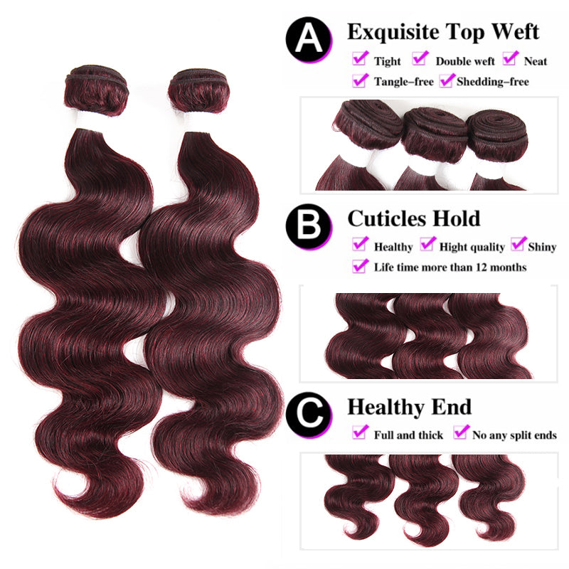 QVR Body Wave Bundles With Closure Remy Brazilian Human Hair Burgundy 99J Dyed 3 Bundles With 4x4 Closure