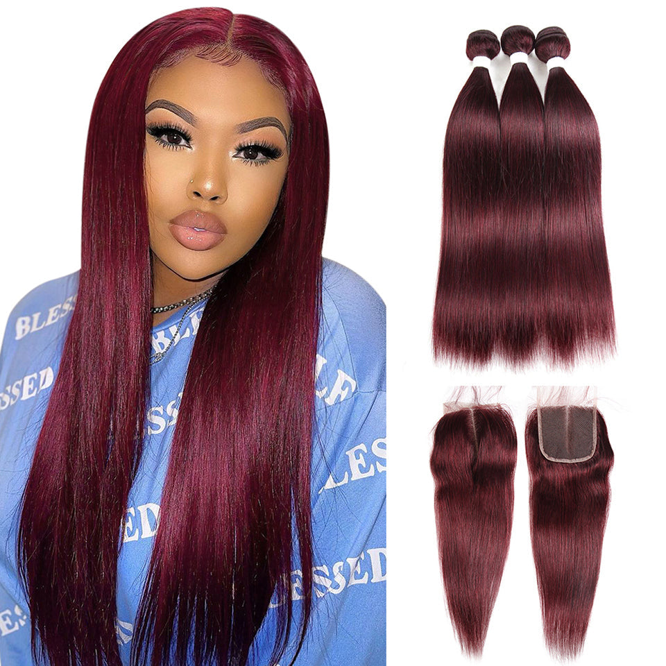 QVR Remy Human Hair Bundles With Closure  Straight Hair Burgundy Remy Peruvian Dyed 3 Bundles With Frontal 4x4 Brazilian Human Hair 99J