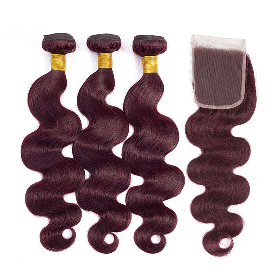 QVR Body Wave Bundles With Closure Remy Brazilian Human Hair Burgundy 99J Dyed 3 Bundles With 4x4 Closure