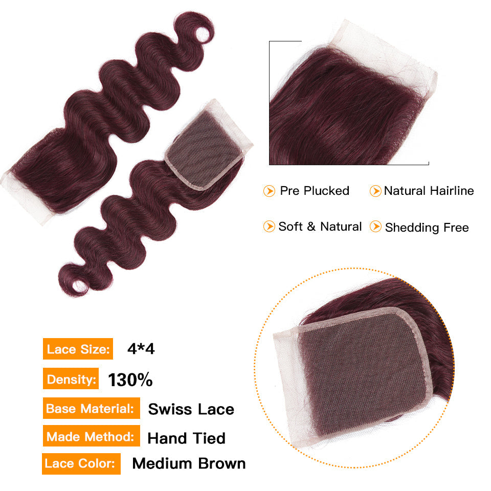 QVR Body Wave Bundles With Closure Remy Brazilian Human Hair Burgundy 99J Dyed 3 Bundles With 4x4 Closure