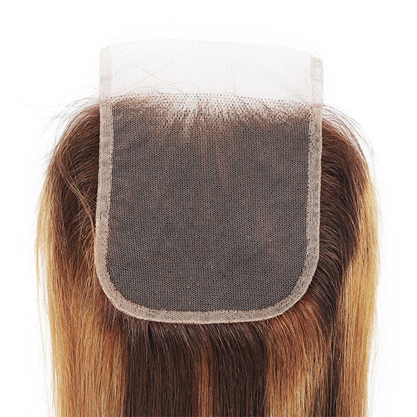 Honey Blonde Highlight Straight Hair 3 Bundles with 4x4 Lace Closure
