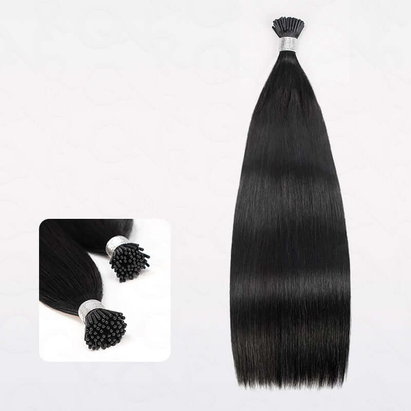QVR Silk Straight I Tip Hair Extensions Natural Black Human Hair