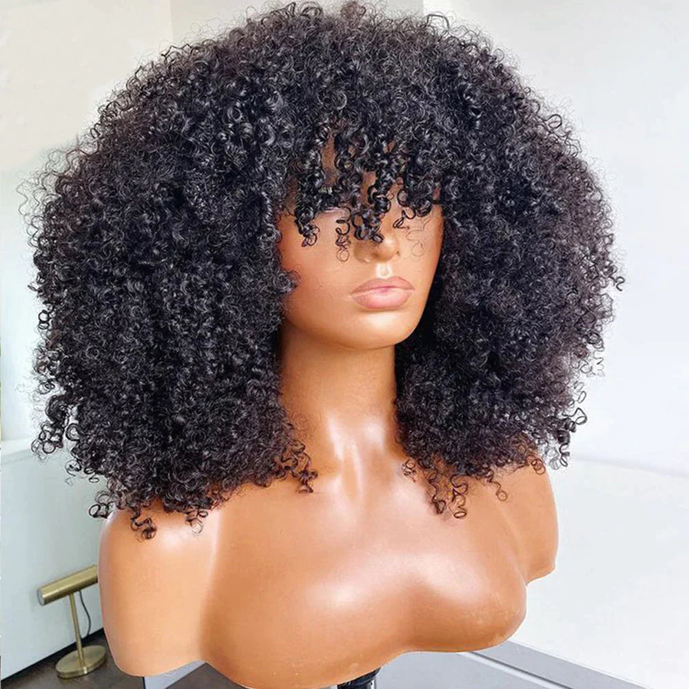 QVR Wear&Go Afro Curly No Lace Glueless Short Machine Made Wig With Bangs 100% Human Hair