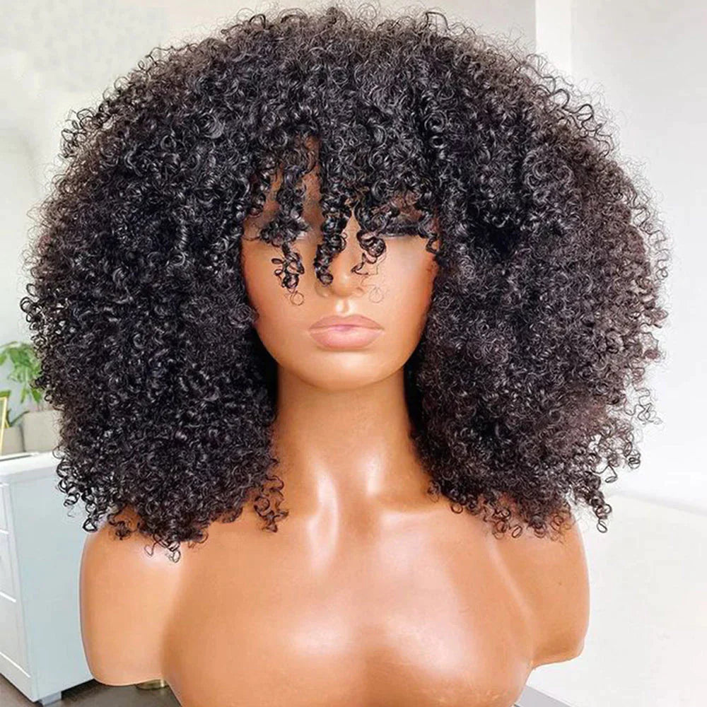 QVR Wear&Go Afro Curly No Lace Glueless Short Machine Made Wig With Bangs 100% Human Hair