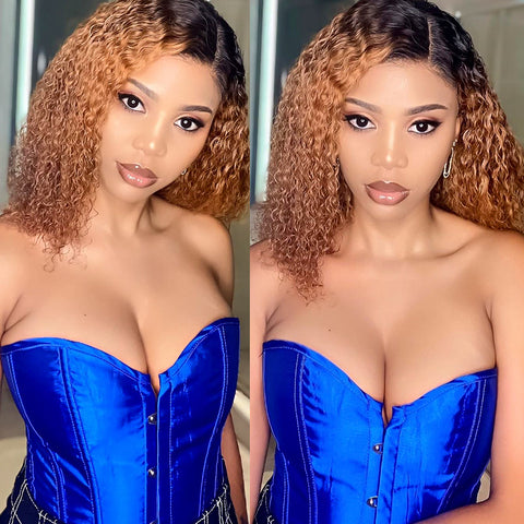 QVR Ombre 1B/30 Curly Brazilian Human Hair Wigs 13x4/4x4 Lace Frontal Short Bob Wig