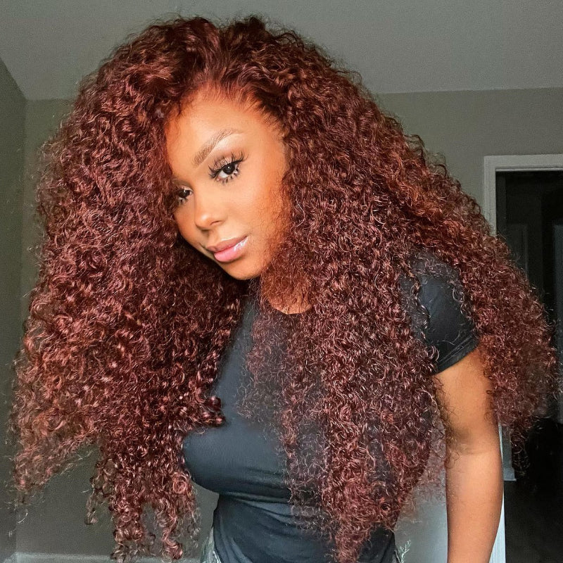 QVR Glueless Auburn Brown 13x4 Lace Frontal Wig Kinky Curly Reddish Brown Color Human Hair Wigs
