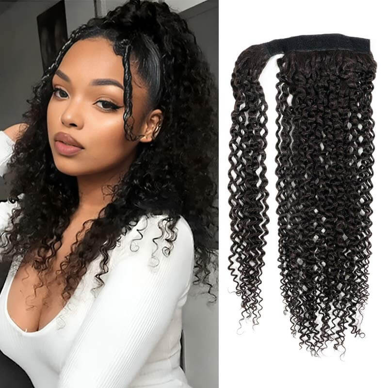 QVR Straight Ponytail Extension Human Hair Wrap Around Natural Black Clip In Ponytail Hair