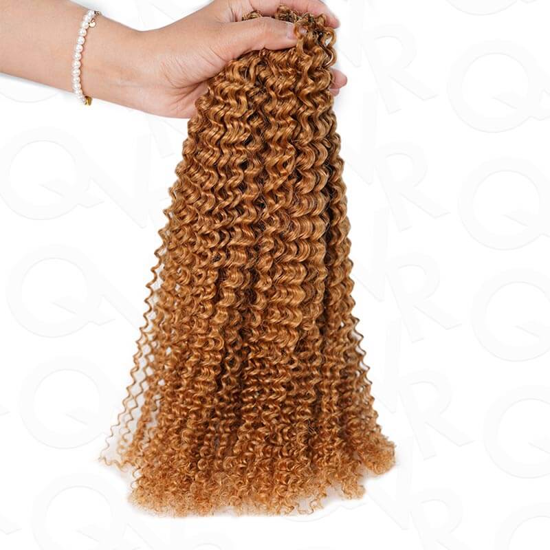 QVR Honey Blonde #27 Crochet Hair Small Kinky Curly Machine Made Feather Human Hair Extension