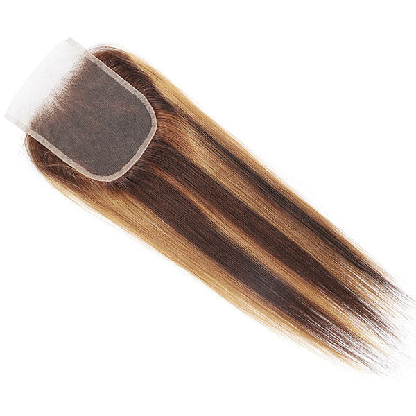 Honey Blonde Highlight Straight Hair 3 Bundles with 4x4 Lace Closure