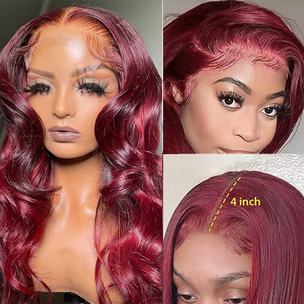 99J HD Lace Wig Body Wave Wig 4x4 Lace Closure Wig Burgundy Human Hair Wig