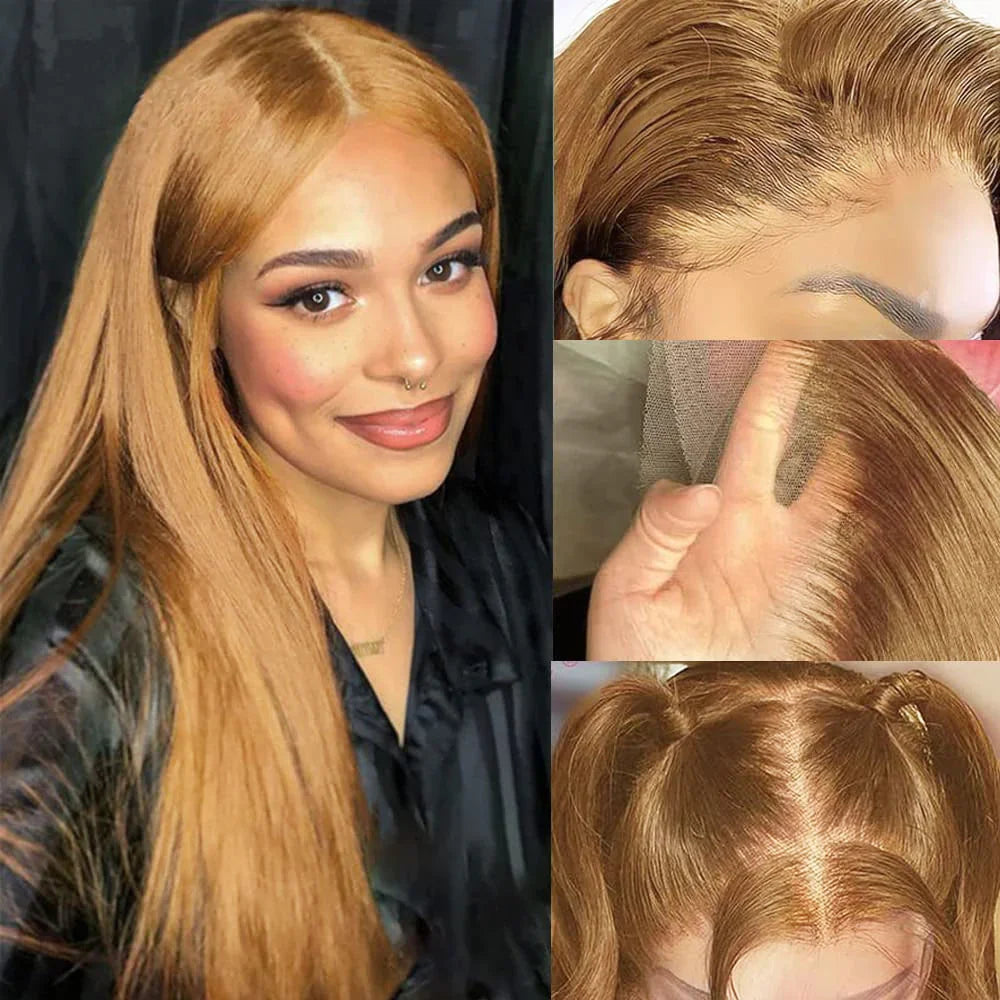 QVR Straight Wig Virgin Human Hair Lace Closure & Frontal Glueless Wigs with Baby Hair Golden Blonde Color #27