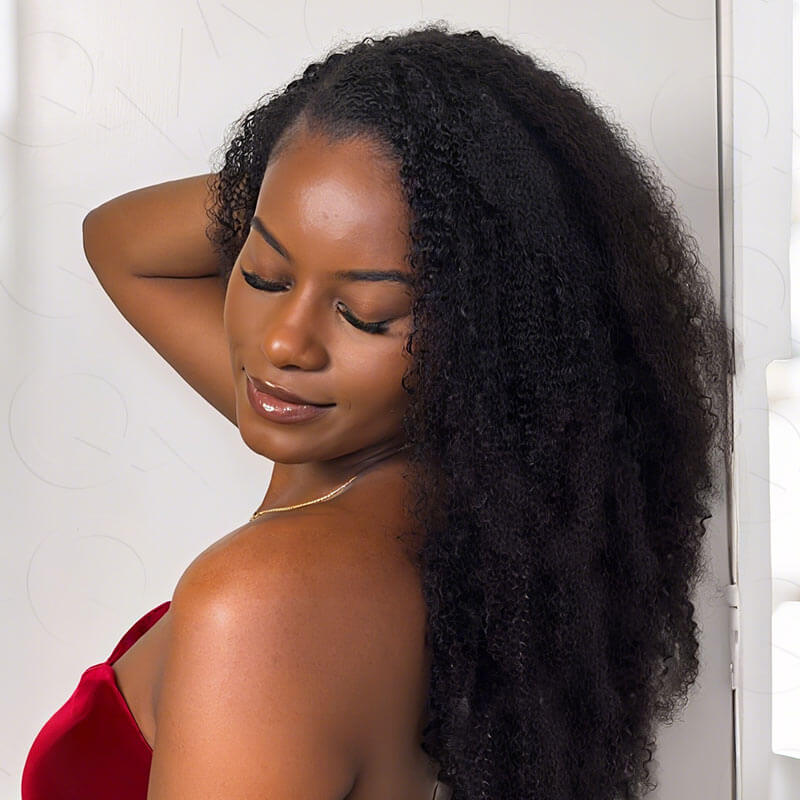QVR Natural Black Afro Kinky Curly Machine Made Feather Crochet Human Hair Extension