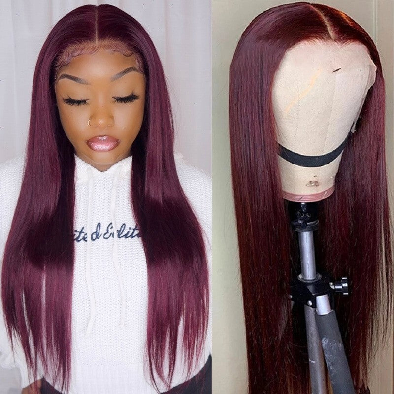 QueenVirginRemy  Colored Wigs 99J Straight 13x4 HD Lace Front Wigs Red Wine Color Virgin Human Hair Wigs 200% Density Glueless Wigs