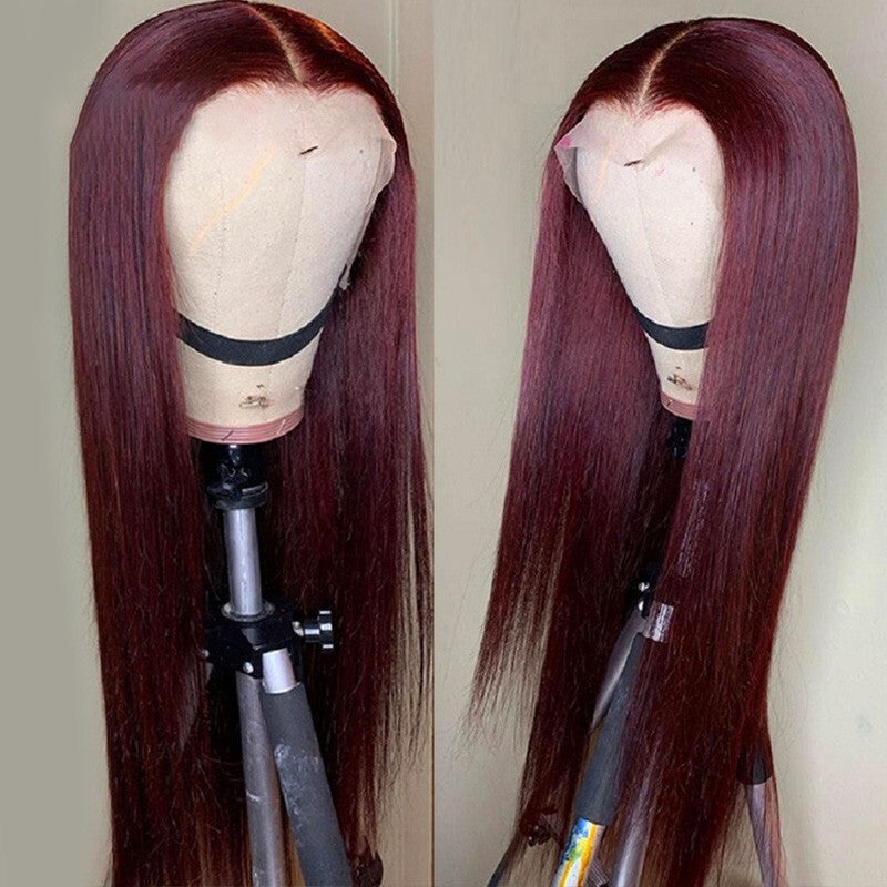 QueenVirginRemy  Colored Wigs 99J Straight 13x4 HD Lace Front Wigs Red Wine Color Virgin Human Hair Wigs 200% Density Glueless Wigs