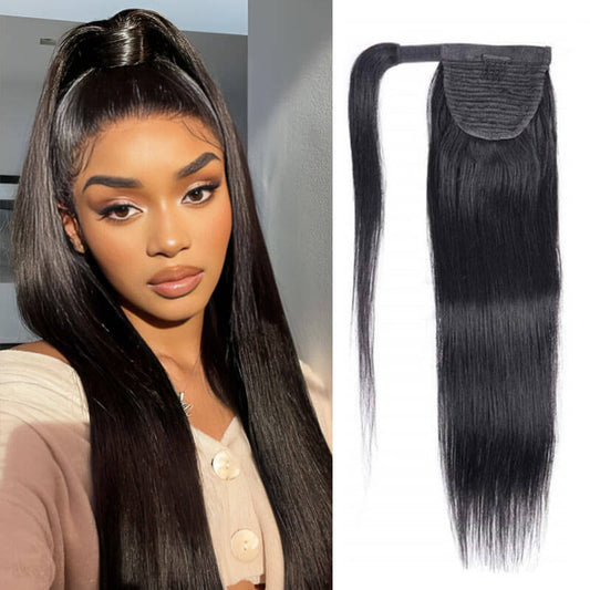 QVR Straight Ponytail Extension Human Hair Wrap Around Natural Black Clip In Ponytail Hair