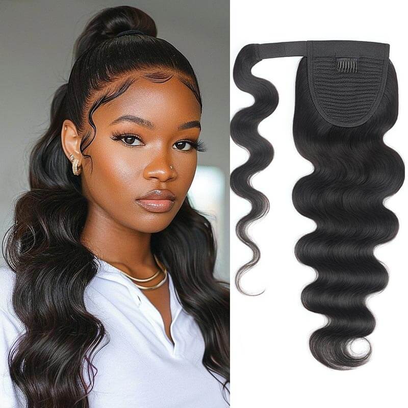 QVR Straight Ponytail Extension Human Hair Wrap Around Natural Black Clip In Ponytail Hair