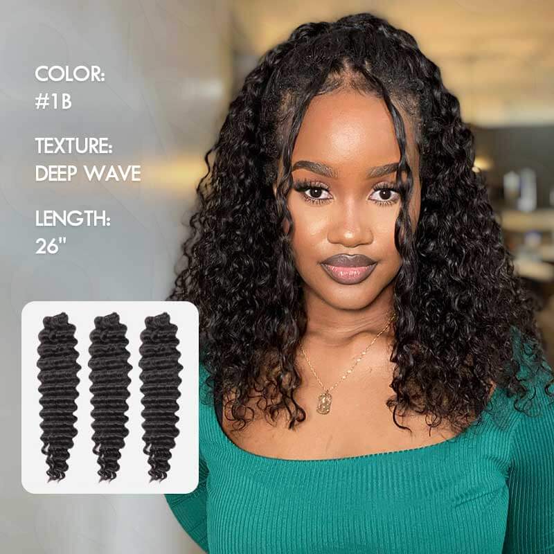 QVR Seamless Deep Curly Handmade Feather Crochet Braid Natural Black Human Hair Extensions
