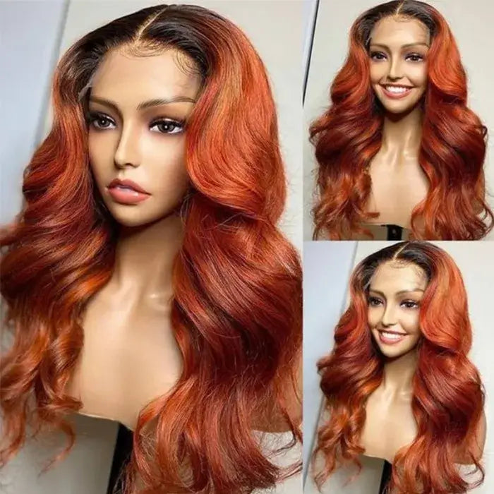 QVR Cinnamon Brunette With Dark Roots Ombre Ginger Color Wig 13x4/4x4 Transparent Lace Frontal Wigs For Black Women