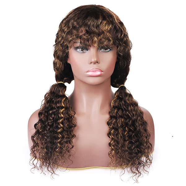 Highlight Human Hair Wigs With Bangs Deep Wave No Lace Wig